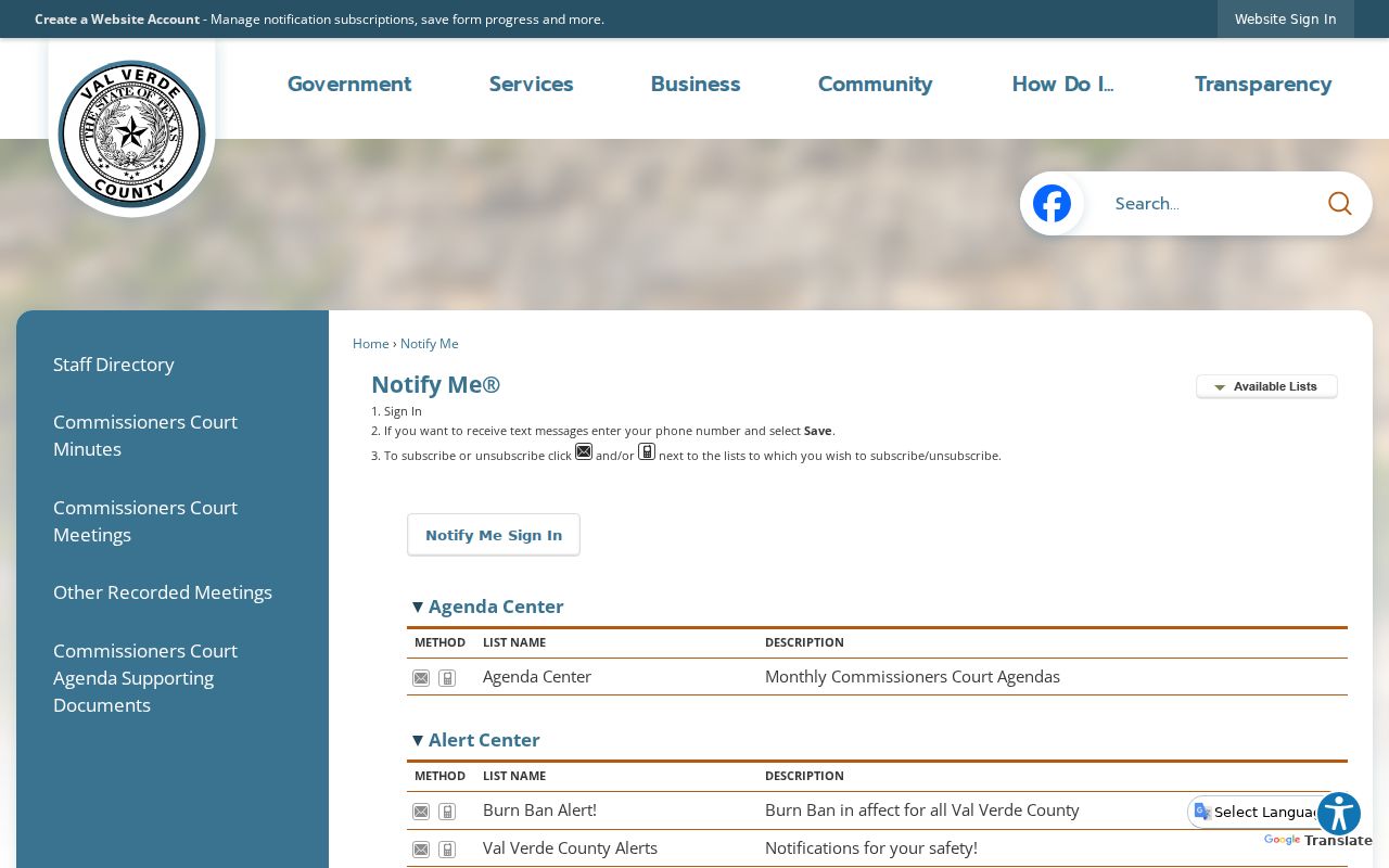 Val Verde County court calendar subscription controls