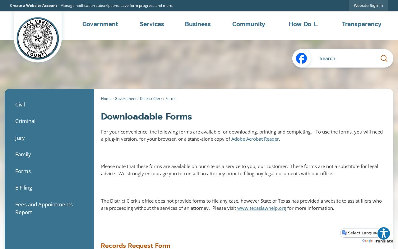 Val Verde County official forms index for record requests