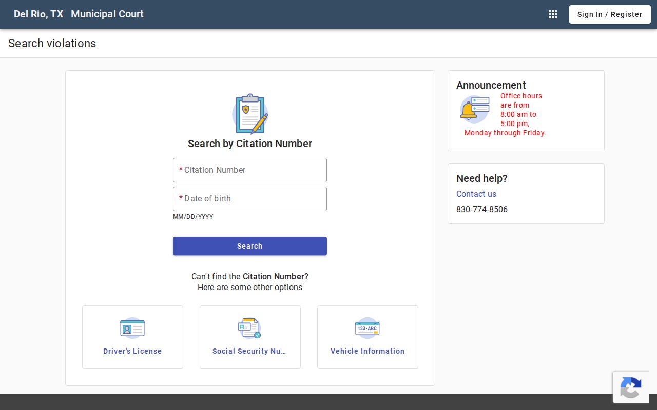 Del Rio Municipal Court official citation search portal