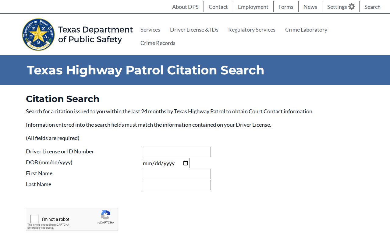 Texas DPS recent Highway Patrol citation search form