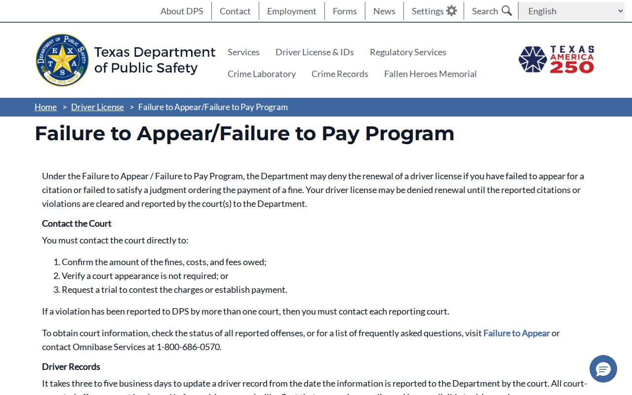 Texas DPS failure-to-appear and failure-to-pay program information