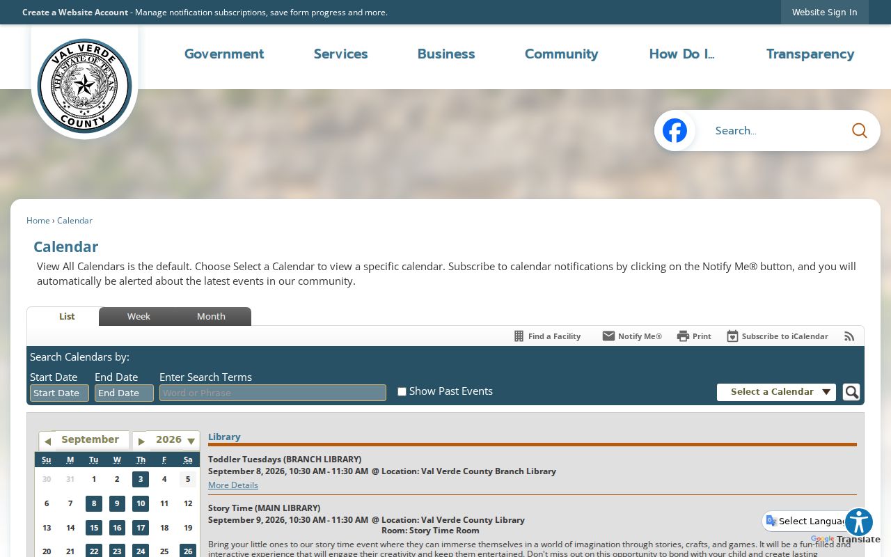 Val Verde County court docket calendar landing page